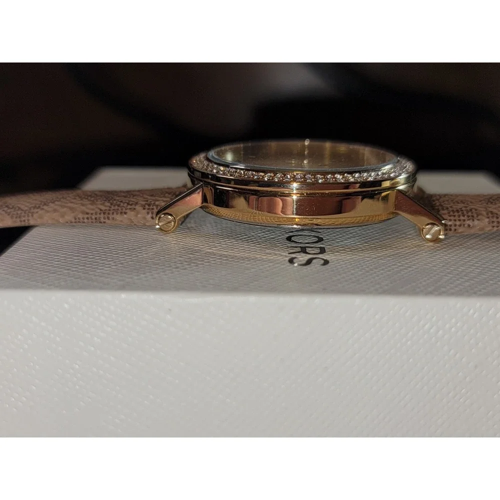 Michael Kors woman's 3 hand watch Corey crystals brown logo band NWT MKO1026